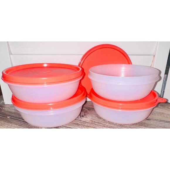 4 Tupperware Sheer White Modular Bowls #2208  Coral Lid Cereal Snack - Picture 1 of 3